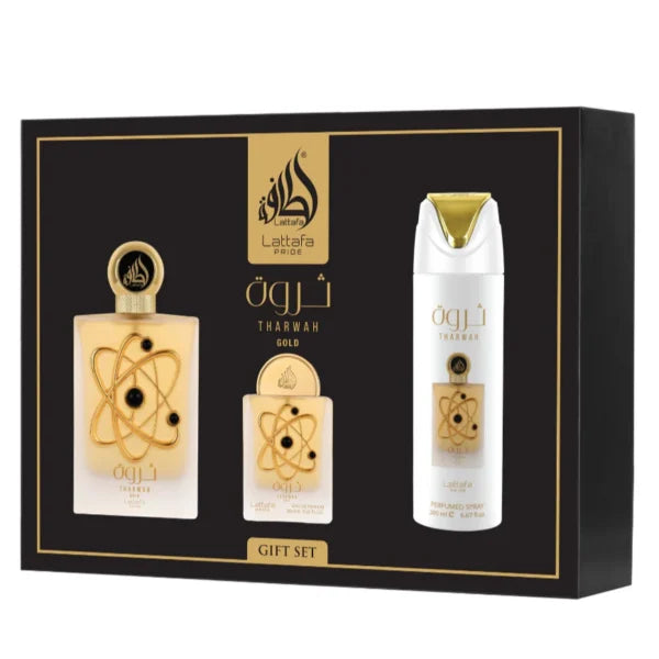 Tharwah Gold by Lattafa – 3pc Giftset